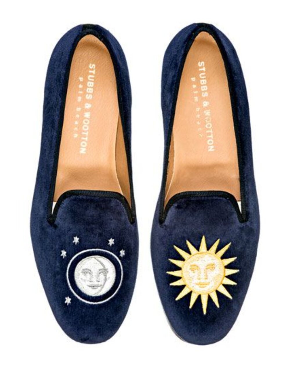Stubbs & Wootton Navy Velvet Sun & Moon Embroidered Loafers